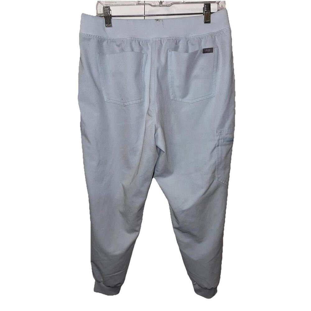 FIGS Zamora Jogger scrub pants Sz L Technical Blue Slate Yellow Drawstrings Flaw - Picture 5 of 9